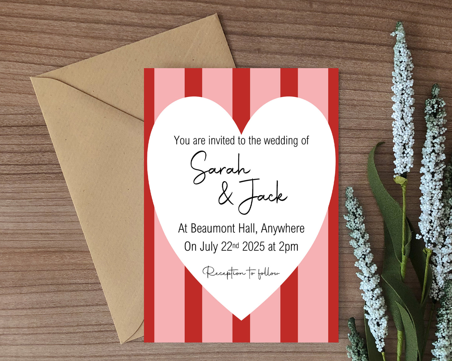 Red & Pink Wedding Party Invitations & Envelopes | Pack of 10