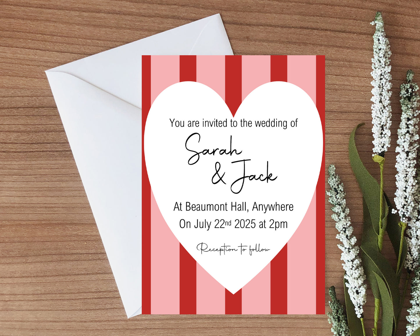 Red & Pink Wedding Party Invitations & Envelopes | Pack of 10