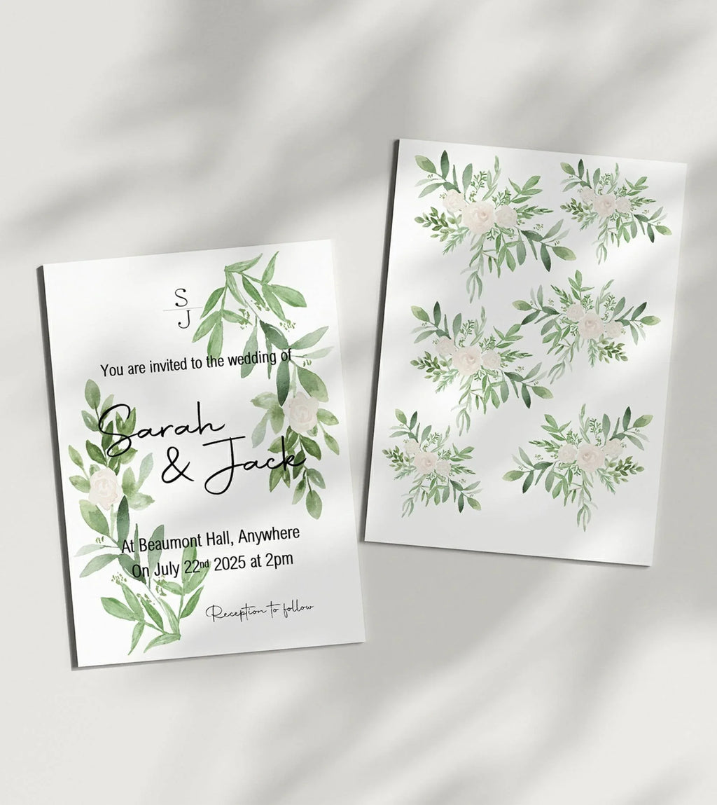 Green & White Rose Wedding Party Invitations & Envelopes | Pack of 10 - Larosier Prints