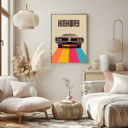 Rainbow Highway Print | Vintage Classic Car Wall Art