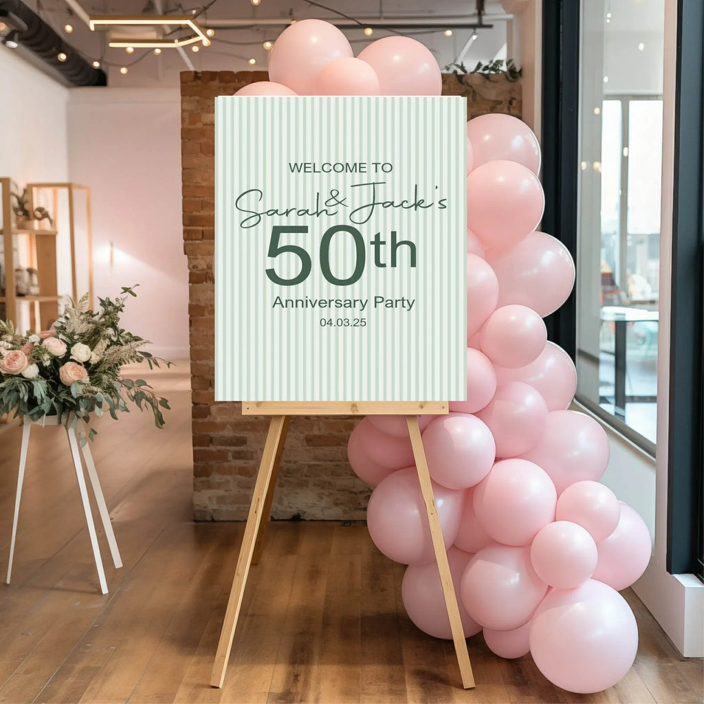 Sage Green Stripe Welcome Anniversary Party Sign - Larosier Prints