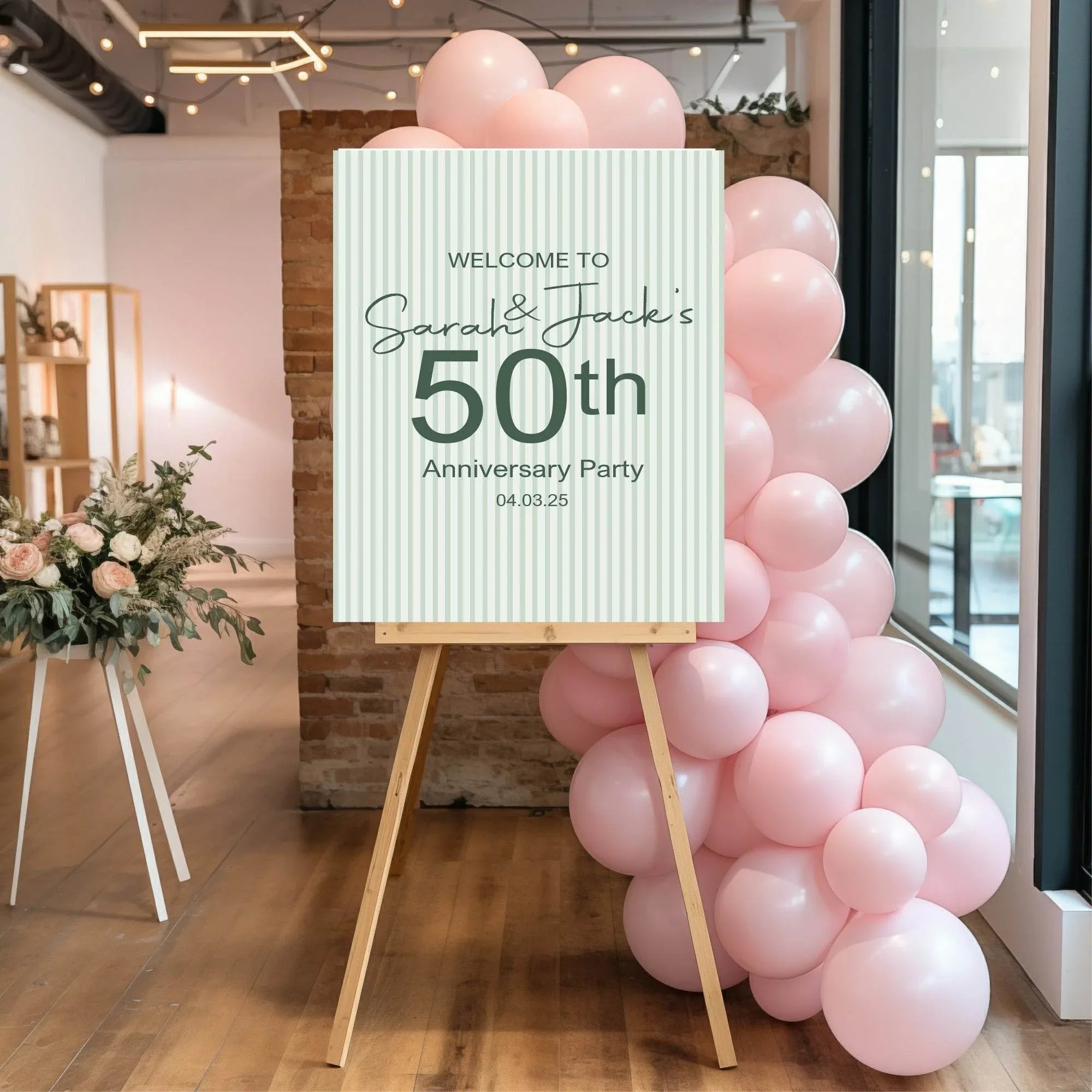 Sage Green Stripe Welcome Anniversary Party Sign - Larosier Prints