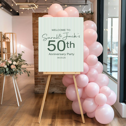 Sage Green Stripe Welcome Anniversary Party Sign