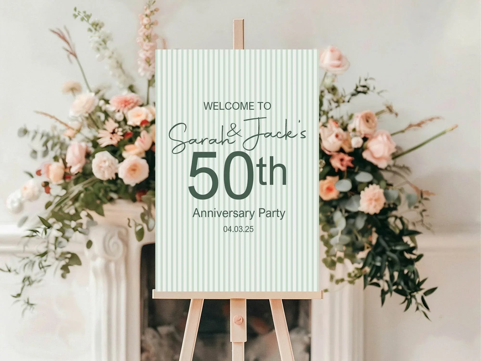 Sage Green Stripe Welcome Anniversary Party Sign - Larosier Prints