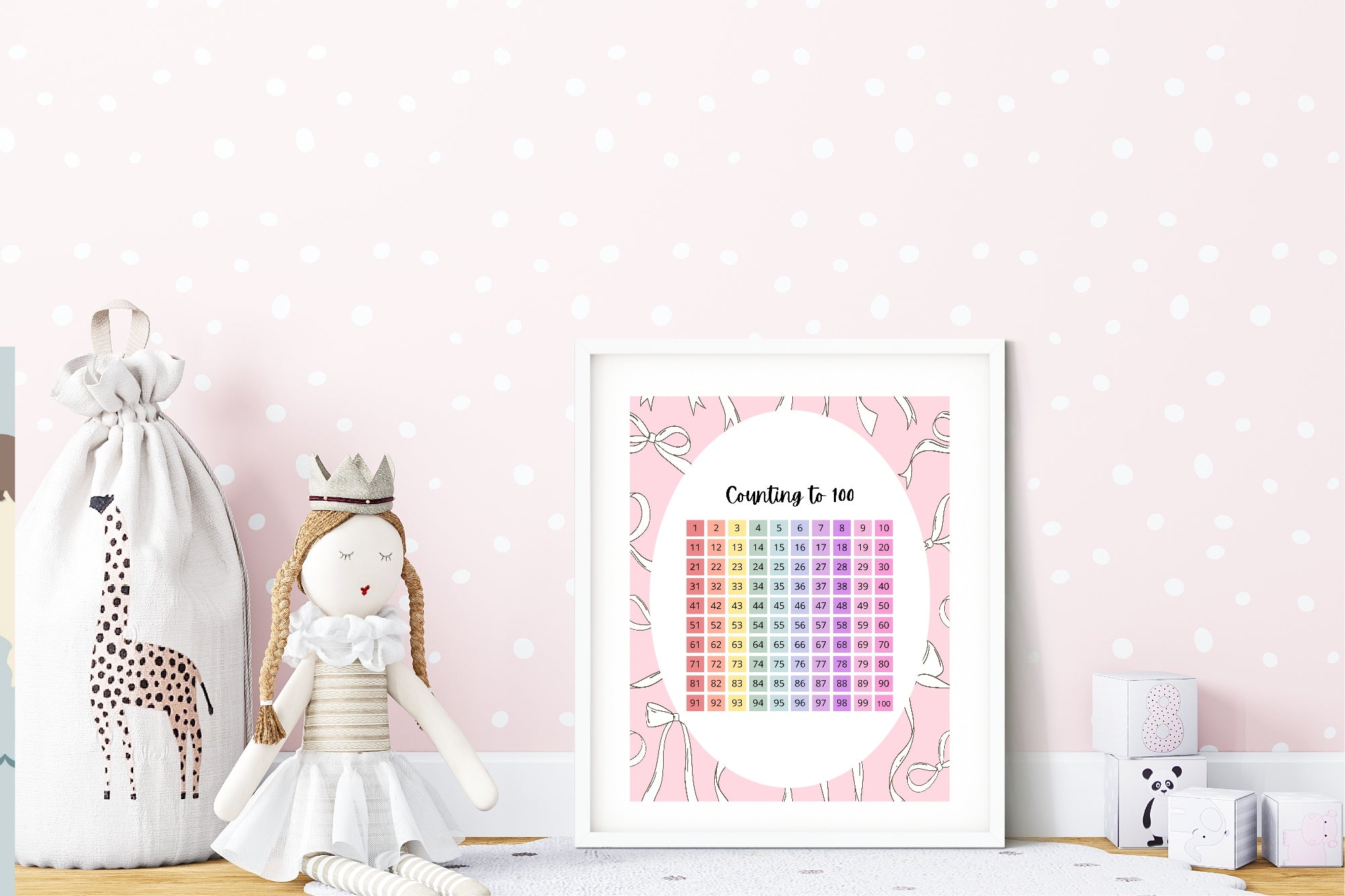 Pink Bow Counting To 100 Poster | Educational Wall Art