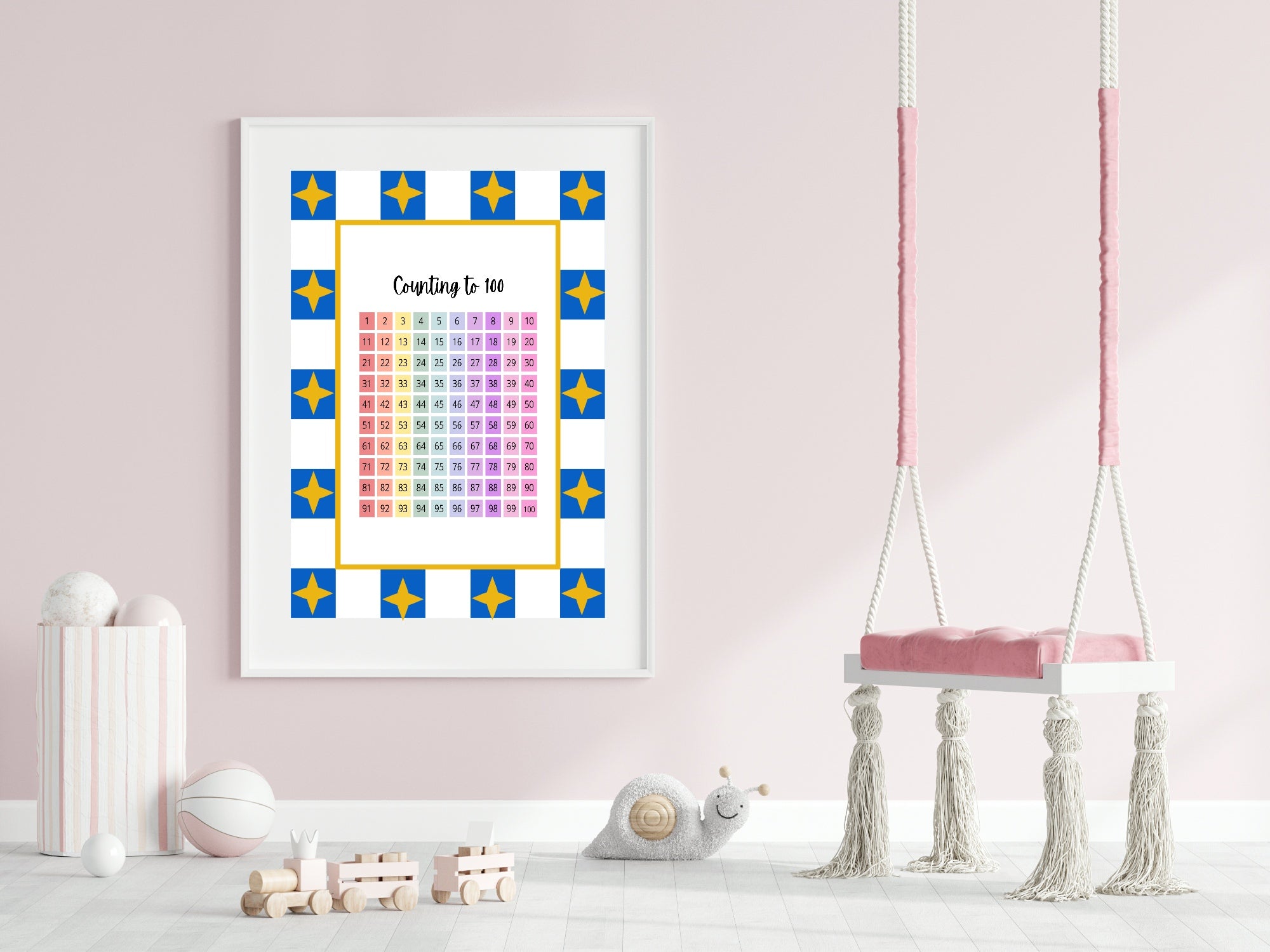 Blue Checked & Stars Counting To 100 Poster | Educational Wall Art