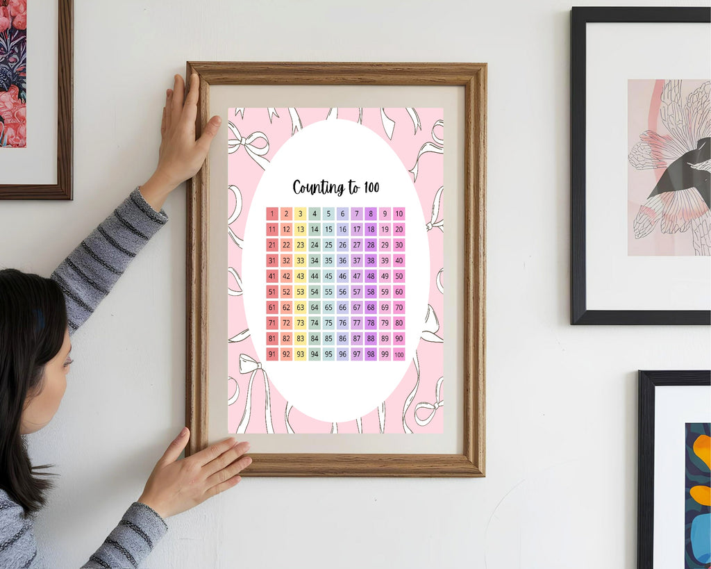 Pink Bow Counting To 100 Poster | Educational Wall Art