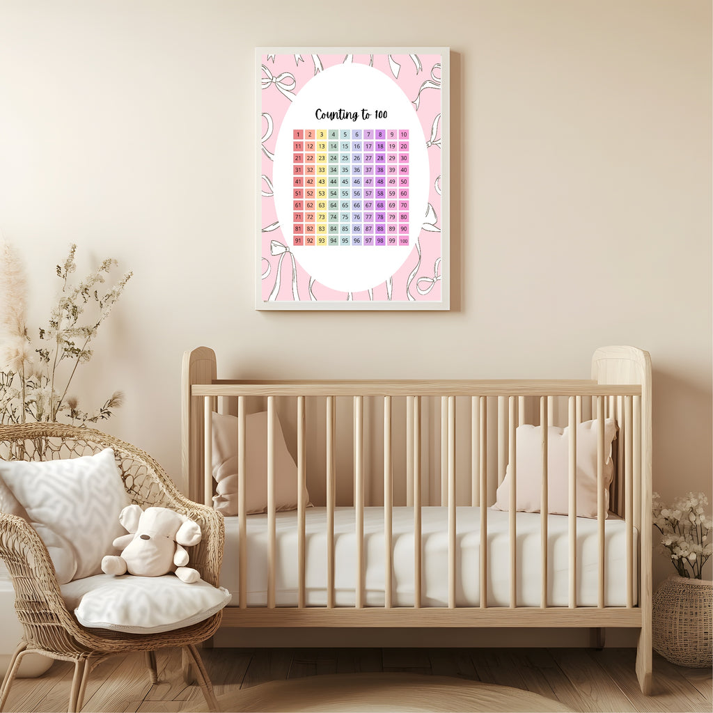 Pink Bow Counting To 100 Poster | Educational Wall Art