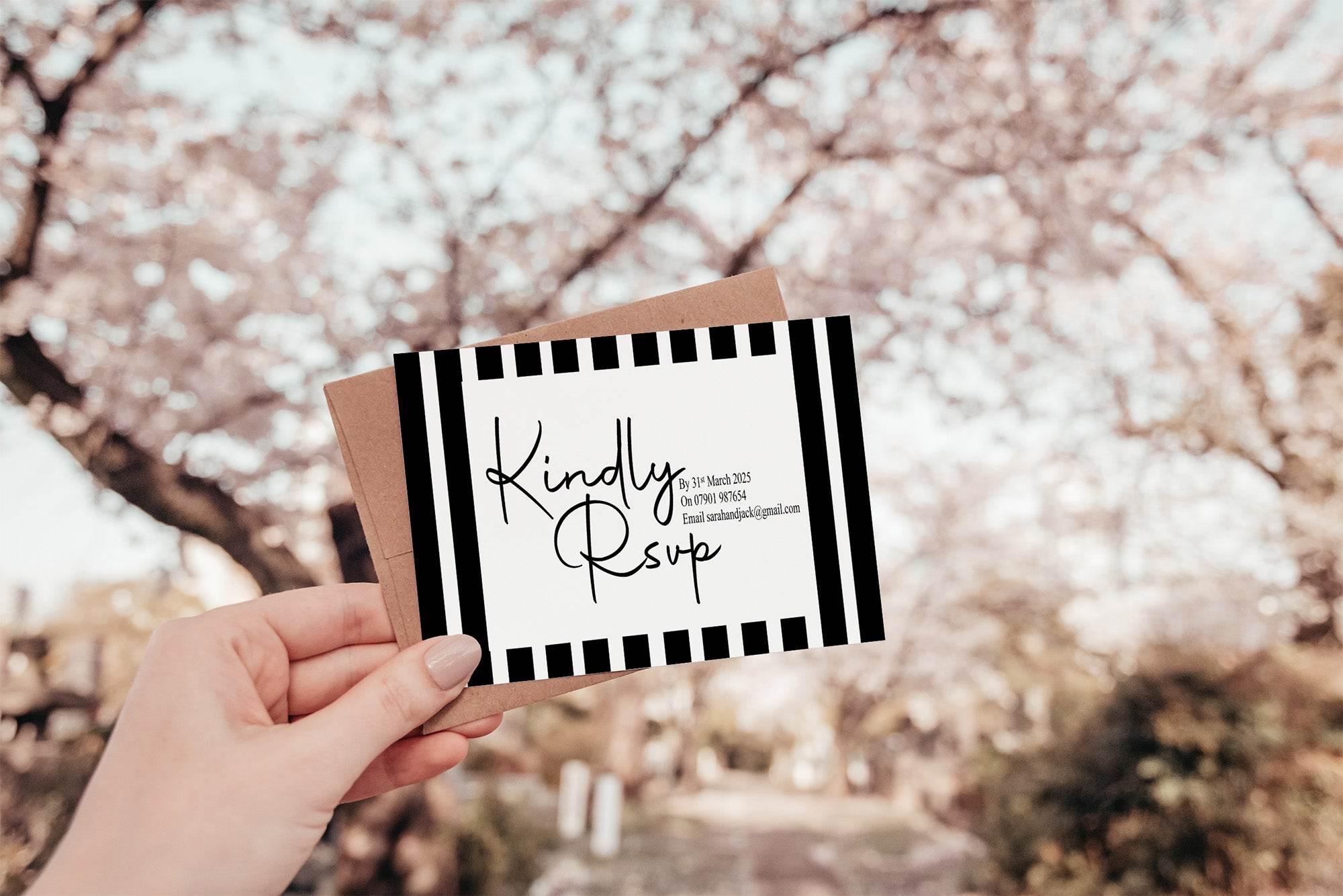 Black & White Stripe RSVP Wedding Party Cards | Pack of 10 - Larosier Prints