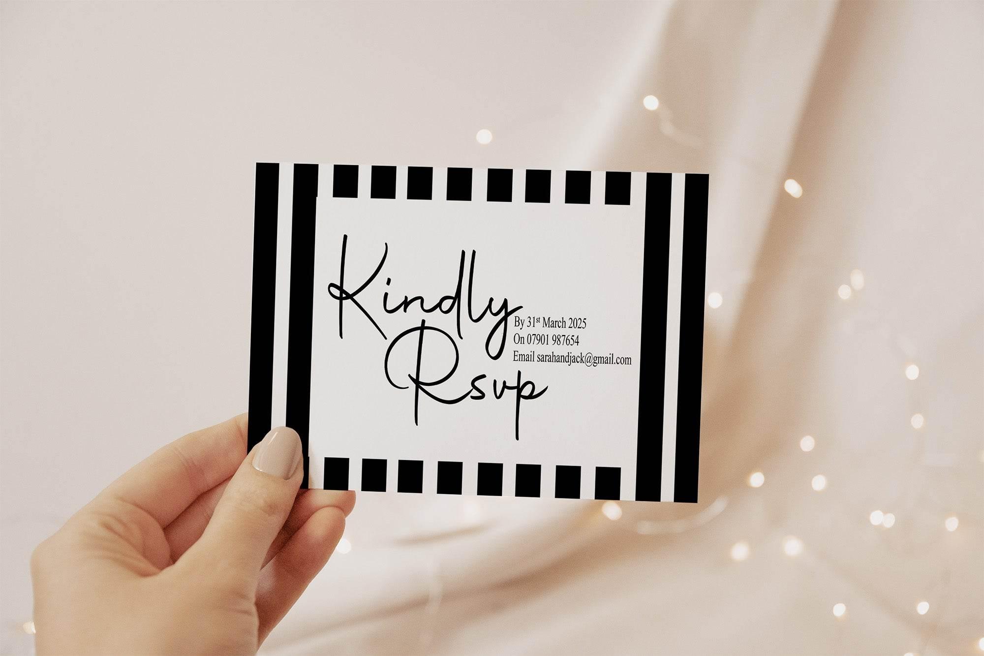 Black & White Stripe RSVP Wedding Party Cards | Pack of 10 - Larosier Prints