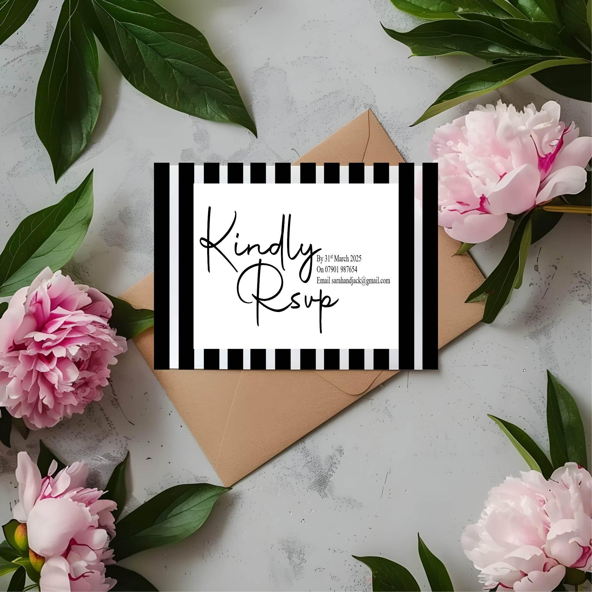 Black & White Stripe RSVP Wedding Party Cards | Pack of 10 - Larosier Prints