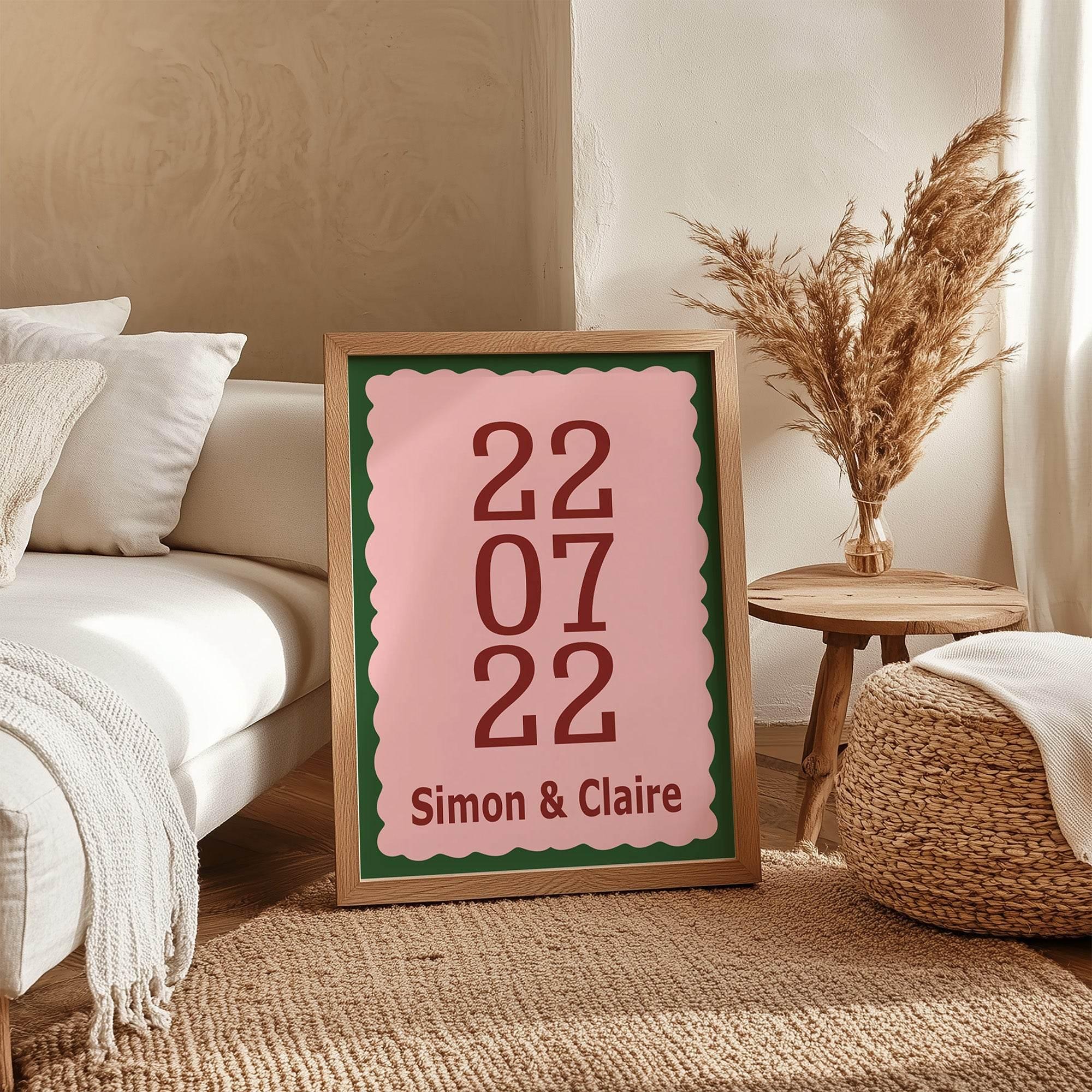 Personalised Date and Names Print | Anniversary Wall Art | Pink, Red and Green Print - Larosier Prints