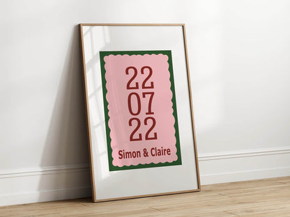 Personalised Date and Names Print | Anniversary Wall Art | Pink, Red and Green Print