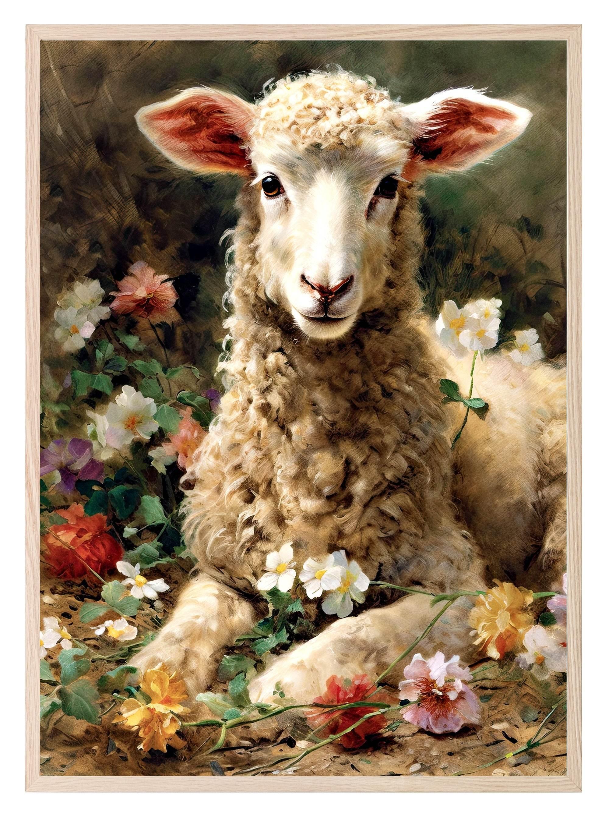 Spring Lamb Print | Vintage Style | Floral | Spring Collection Wall Art - Larosier Prints