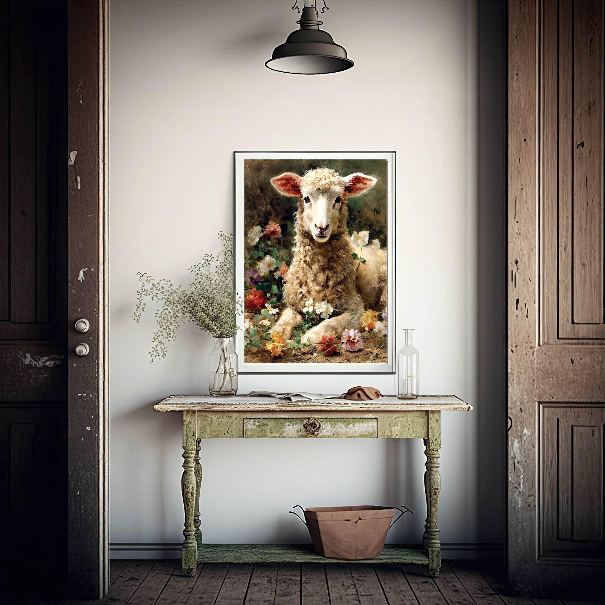 Spring Lamb Print | Vintage Style | Floral | Spring Collection Wall Art - Larosier Prints