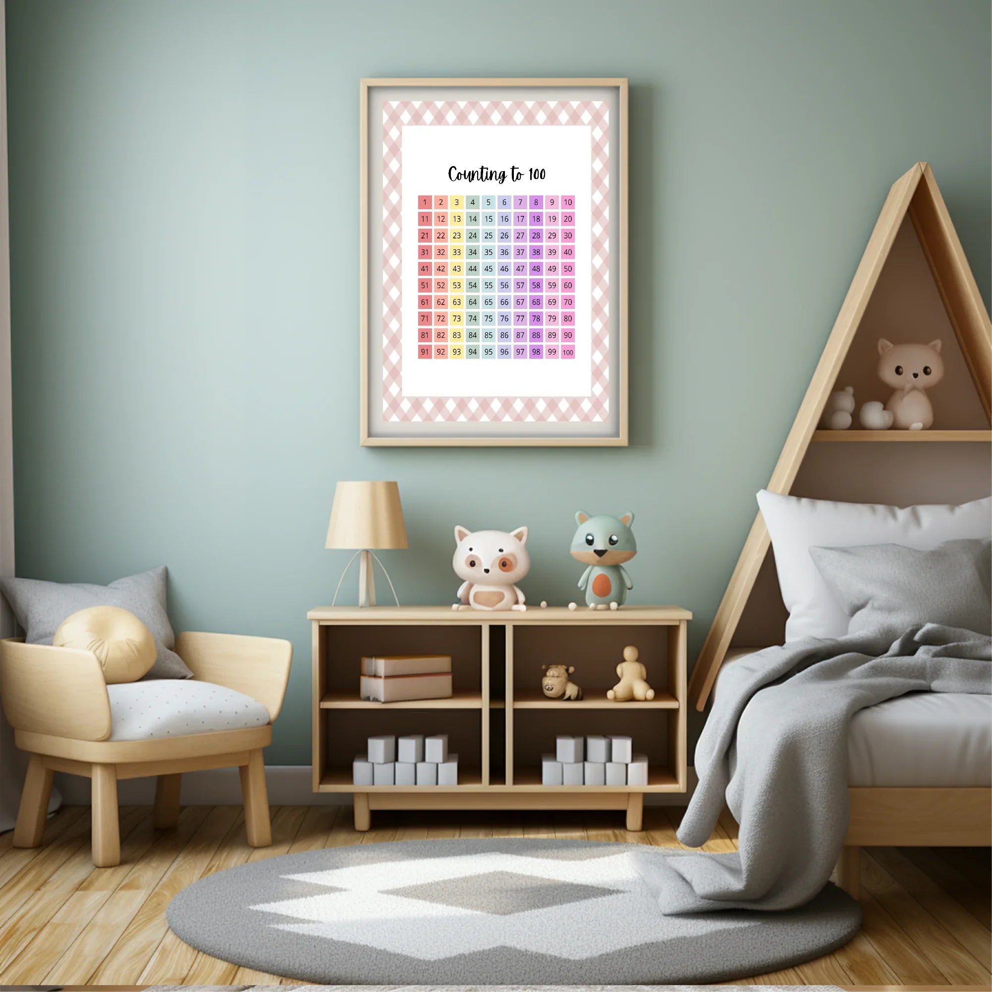 Pastel Plaid Count To 100 Wall Art Poster| Blue, Pink or Mint Green - Larosier Prints