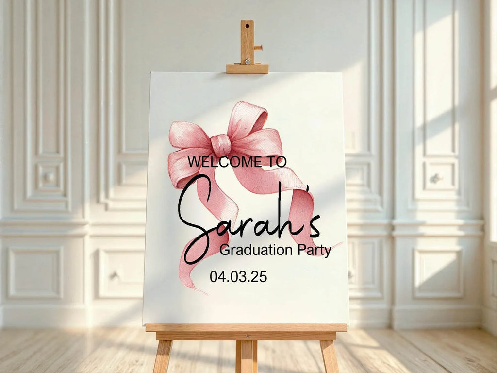 Pink Bow Welcome Graduation Party Sign - Larosier Prints