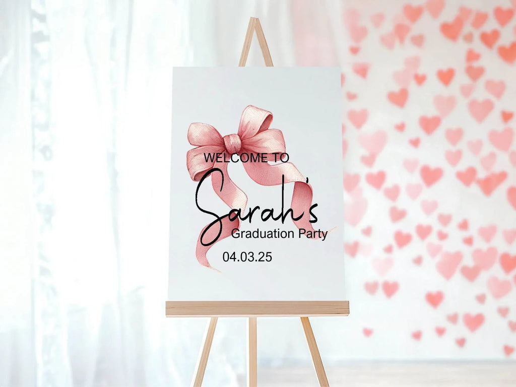 Pink Bow Welcome Graduation Party Sign - Larosier Prints