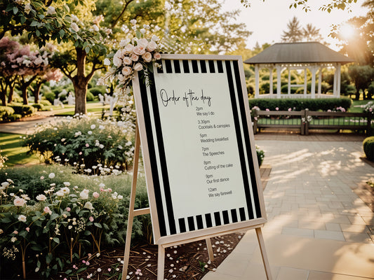 Black & White Stripe Order Of The Day Wedding Party Sign