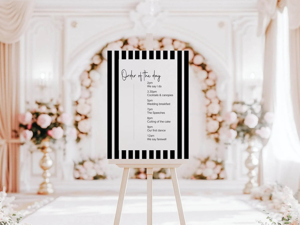 Black & White Stripe Order Of The Day Wedding Party Sign - Larosier Prints