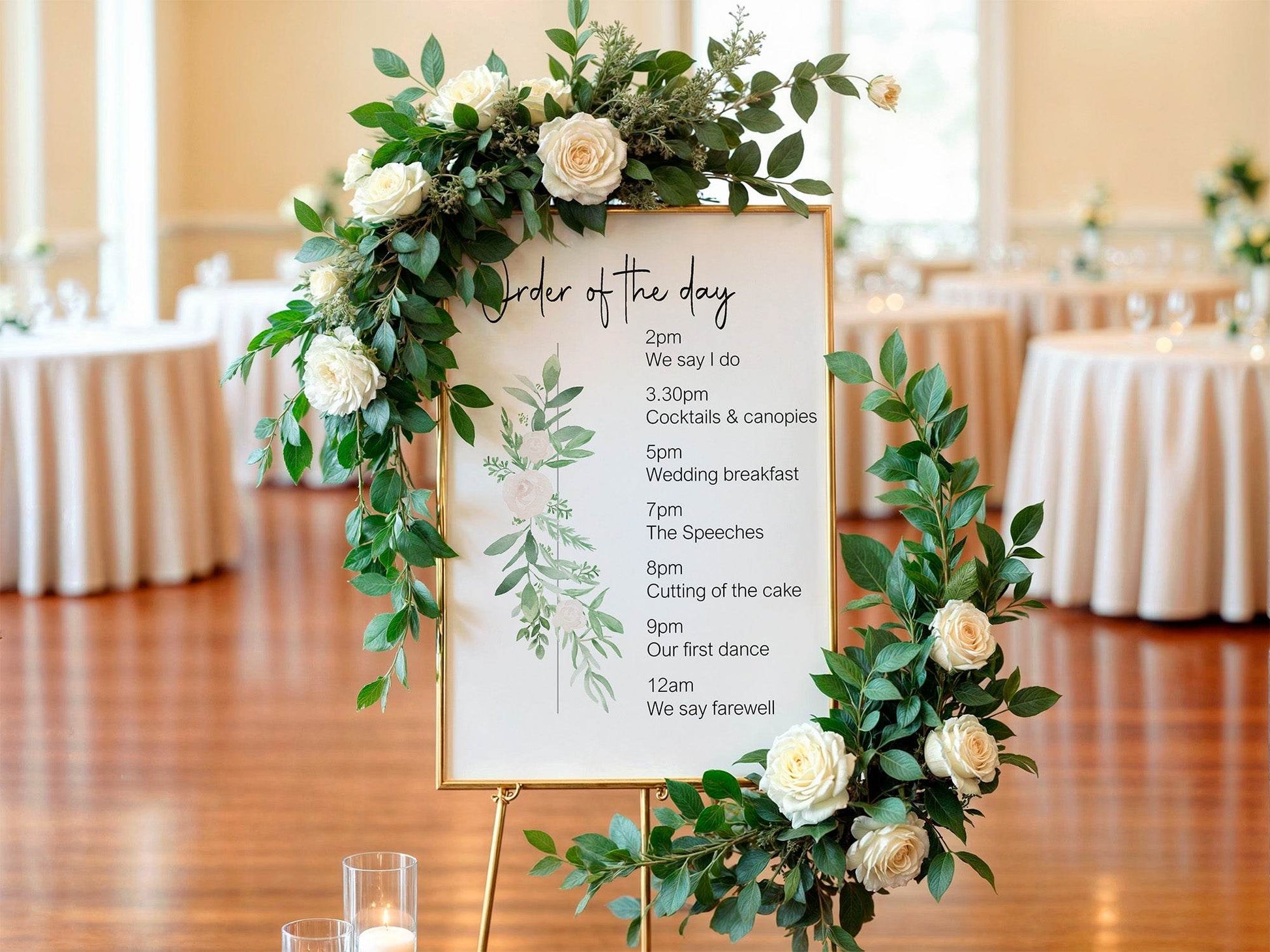 Green & White Rose Order Of The Day Wedding Party Sign