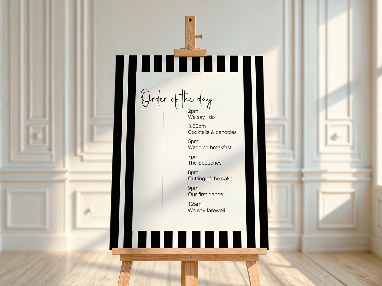 Black & White Stripe Order Of The Day Wedding Party Sign