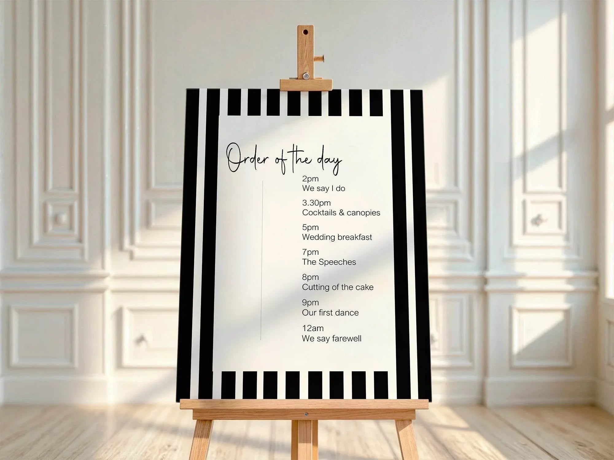 Black & White Stripe Order Of The Day Wedding Party Sign - Larosier Prints