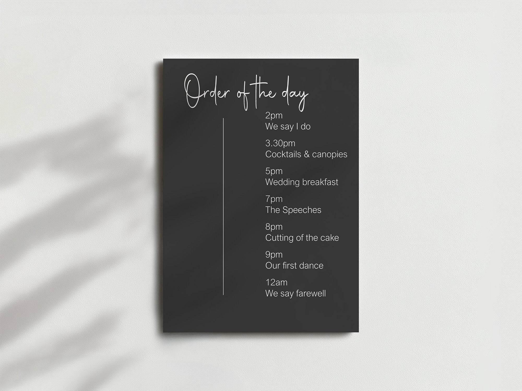Minimalist Noir Order Of The Day Wedding Party Sign - Larosier Prints