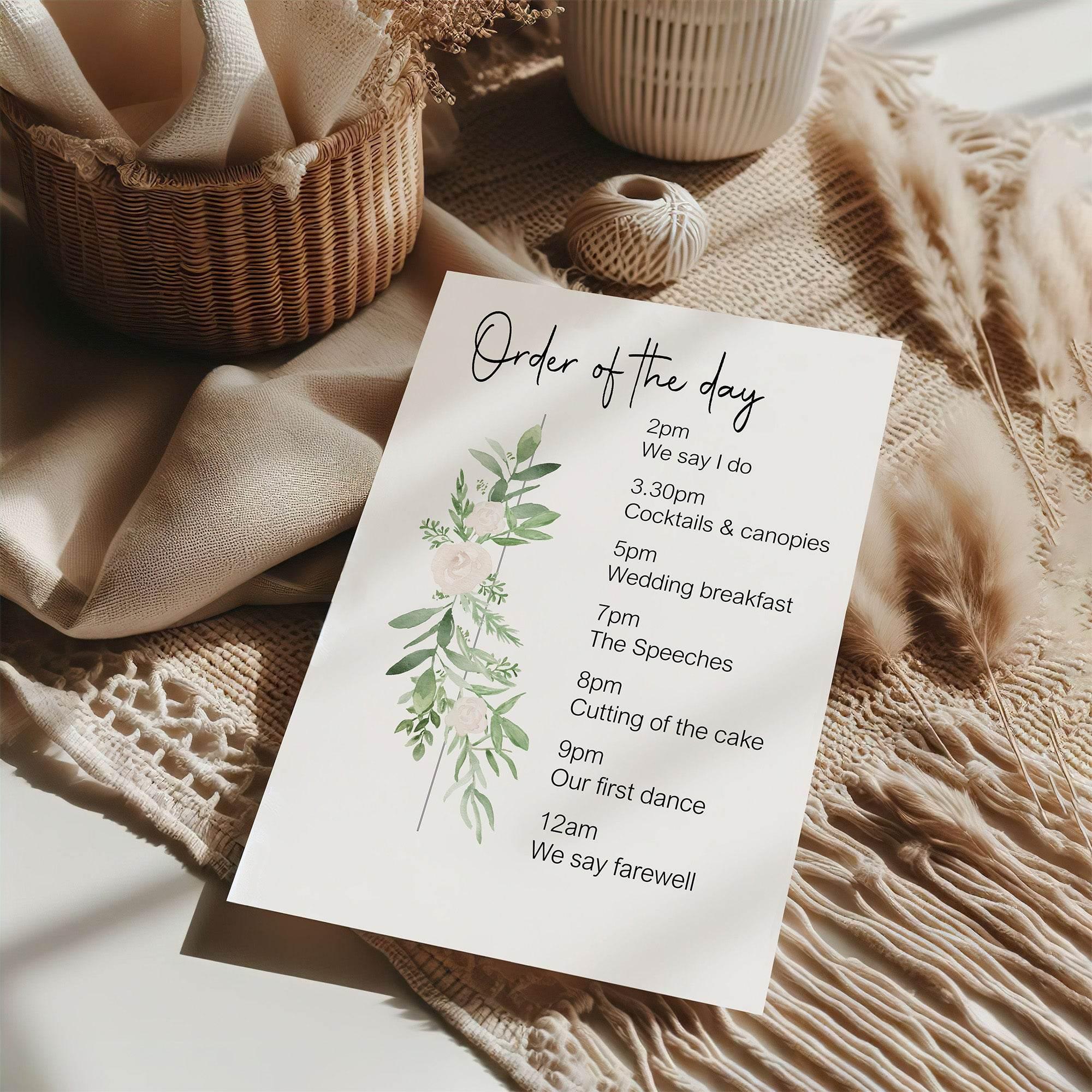 Green & White Rose Order Of The Day Wedding Party Sign - Larosier Prints