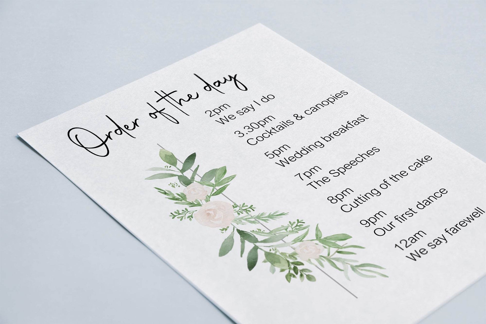 Green & White Rose Order Of The Day Wedding Party Sign