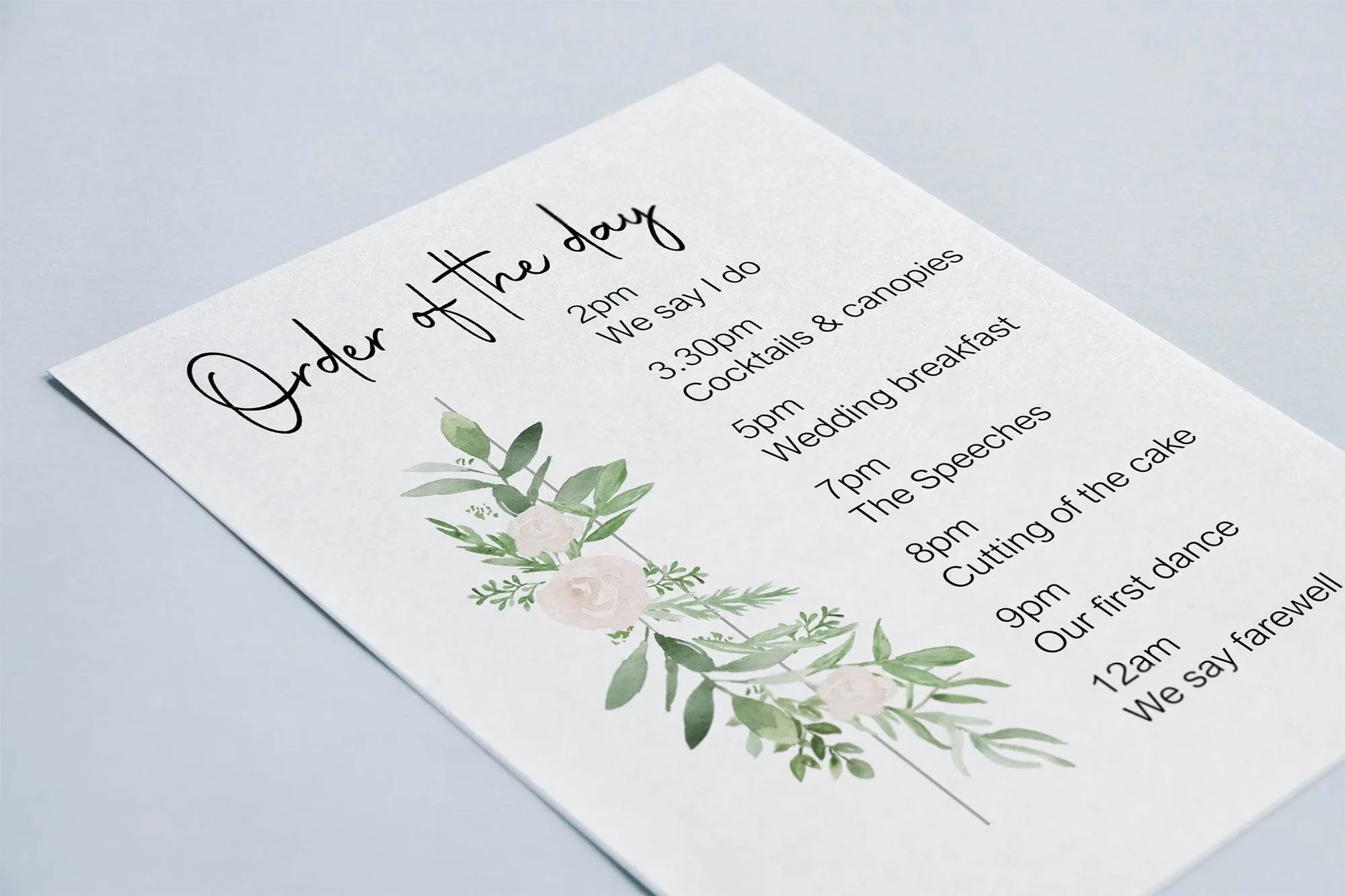 Green & White Rose Order Of Service Wedding Party Sign - Larosier Prints