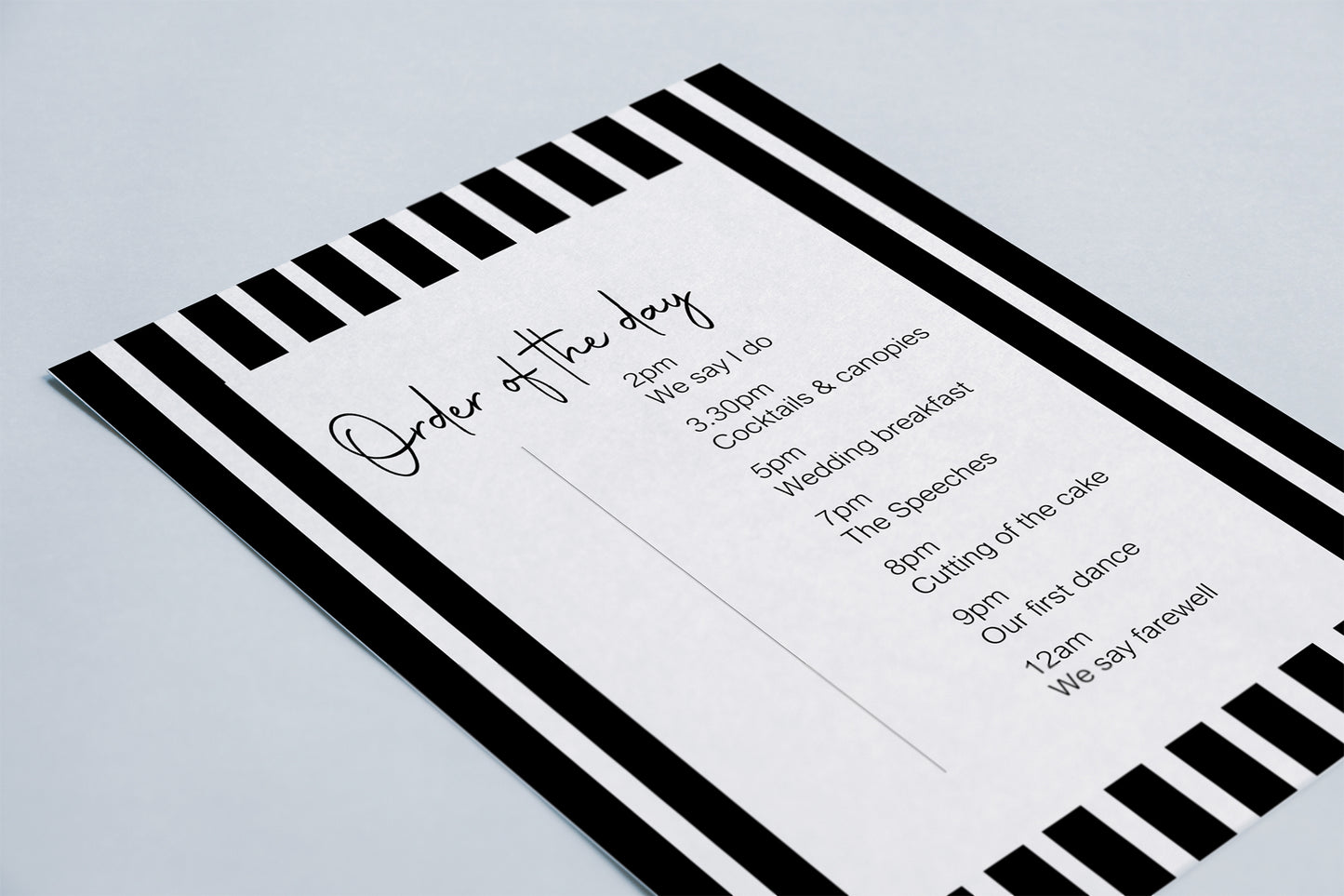 Black & White Stripe Order Of The Day Wedding Party Sign
