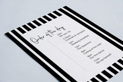 Black & White Stripe Order Of The Day Wedding Party Sign