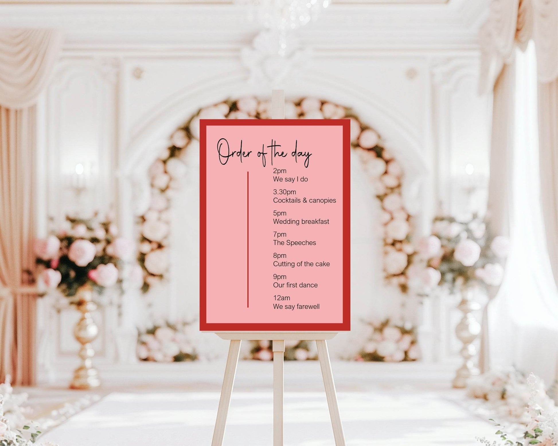 Red & Pink Order Of The Day Wedding Party Sign