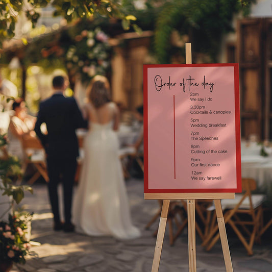 Red & Pink Order Of The Day Wedding Party Sign