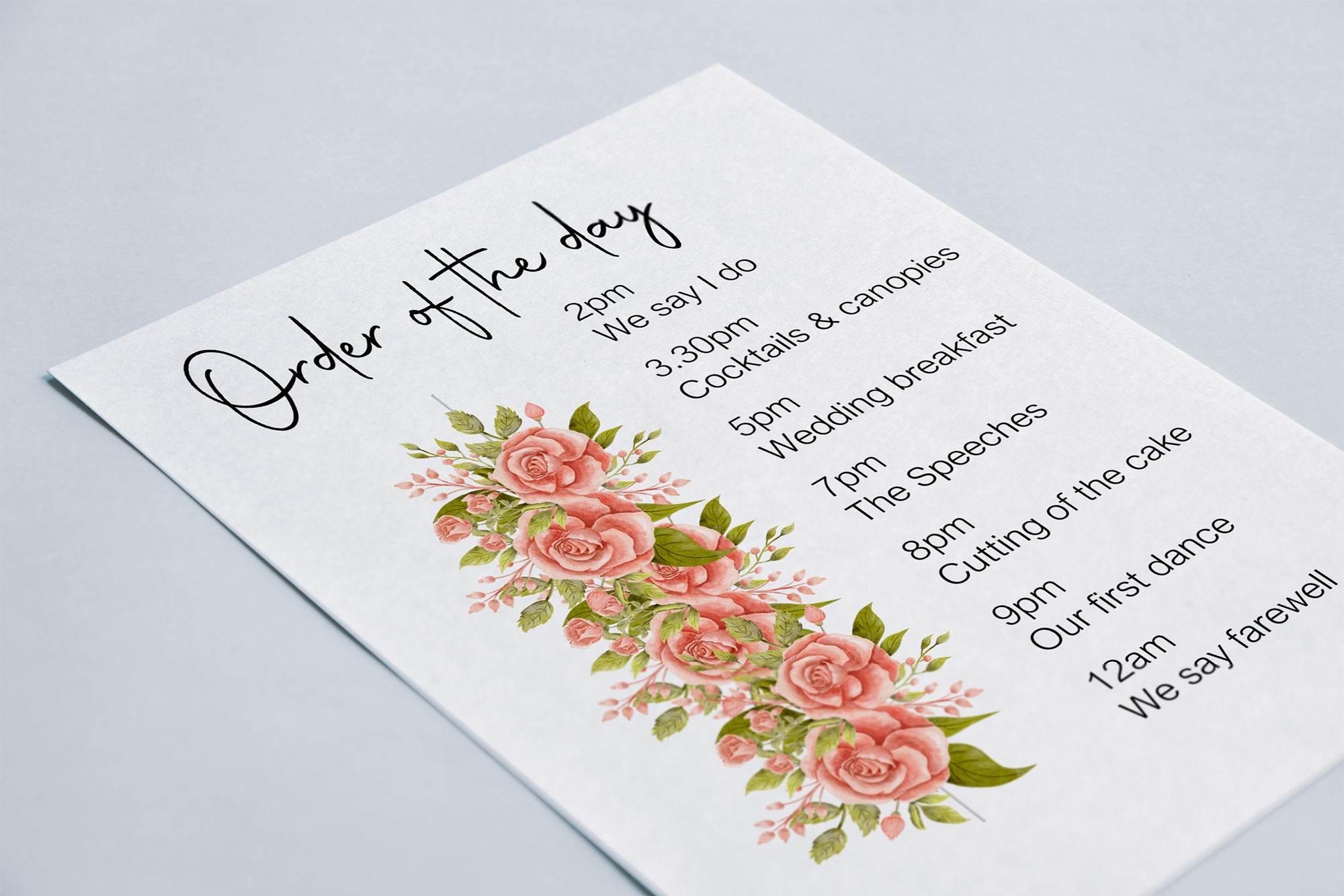 Pink Rose Order Of The Day Wedding Party Sign - Larosier Prints