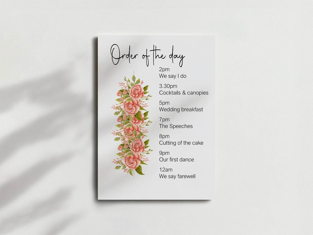 Pink Rose Order Of The Day Wedding Party Sign - Larosier Prints
