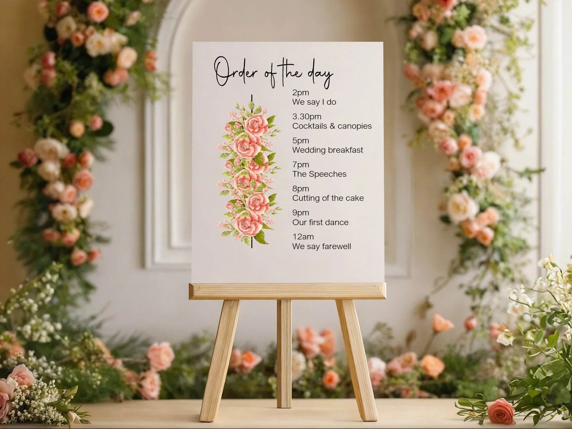 Pink Rose Order Of The Day Wedding Party Sign - Larosier Prints