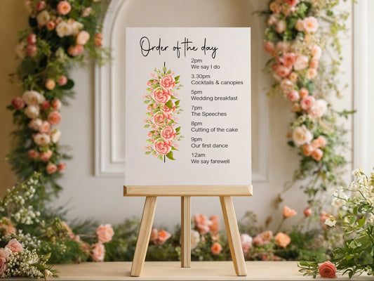 Pink Rose Order Of The Day Wedding Party Sign
