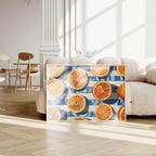 Oranges On Picnic Blanket Print | Blue & White Stripe Wall Art - Larosier Prints