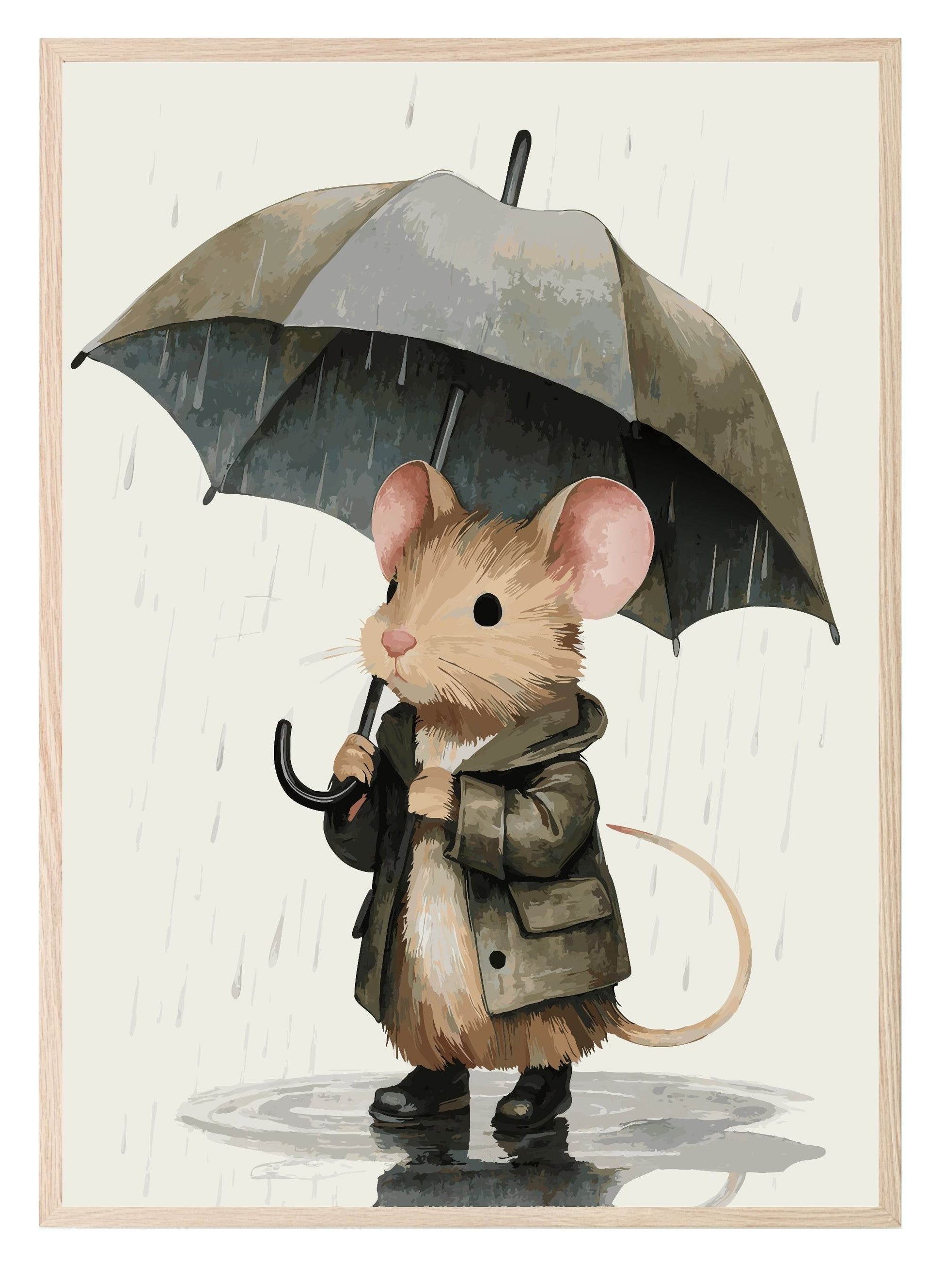 Mouse in the Rain Print | Kids Wall Art