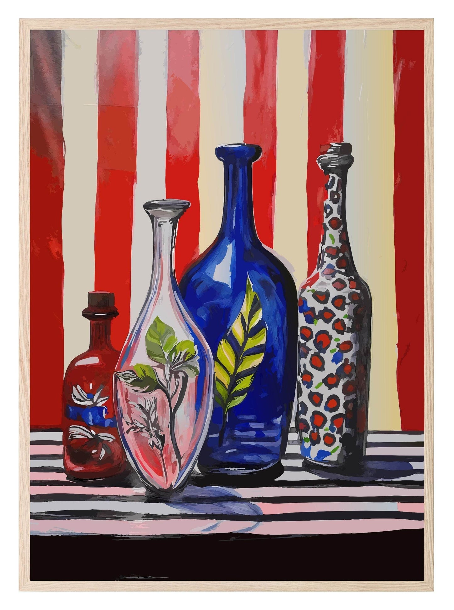 Vases On Stripe Print | Red & Blue Modern Wall Art