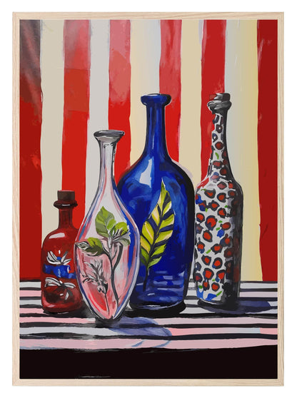 Vases On Stripe Print | Red & Blue Modern Wall Art