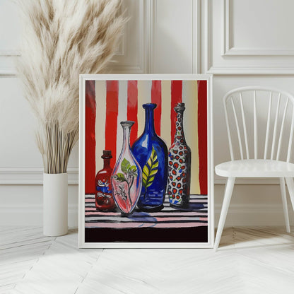 Vases On Stripe Print | Red & Blue Modern Wall Art
