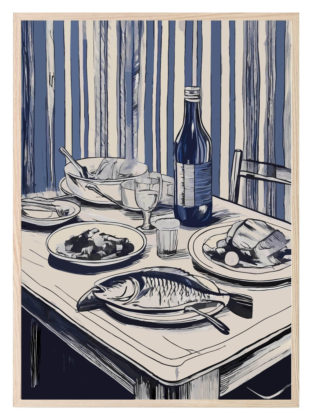 Blue Stripe Dinner Table Print | Food & Drink Wall Art - Larosier Prints