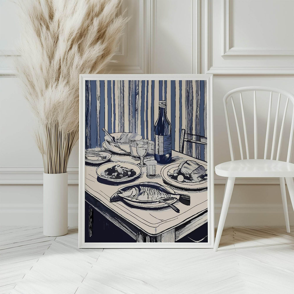 Blue Stripe Dinner Table Print | Food & Drink Wall Art - Larosier Prints