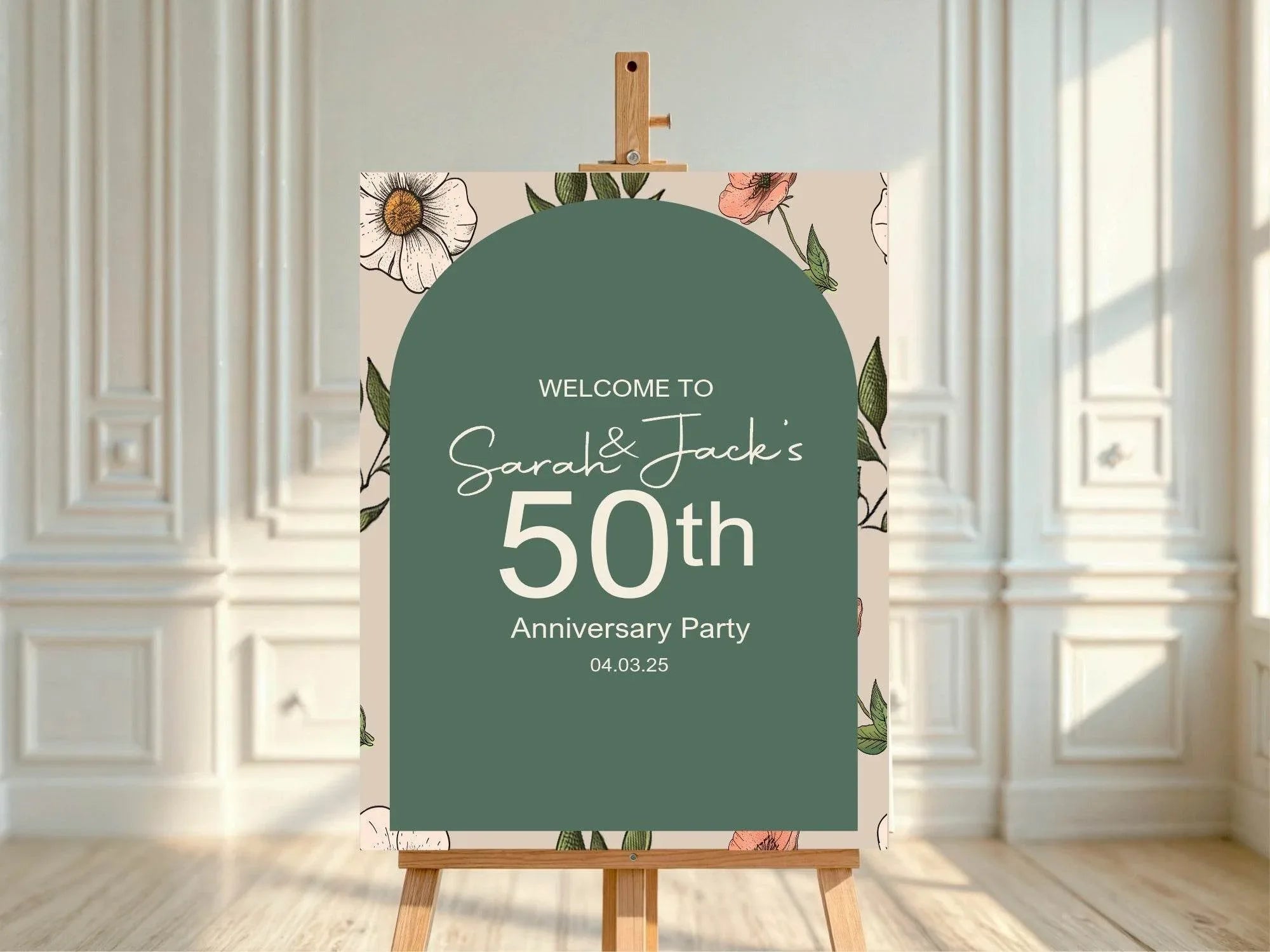 Forest Green Floral Welcome Anniversary Party Sign - Larosier Prints