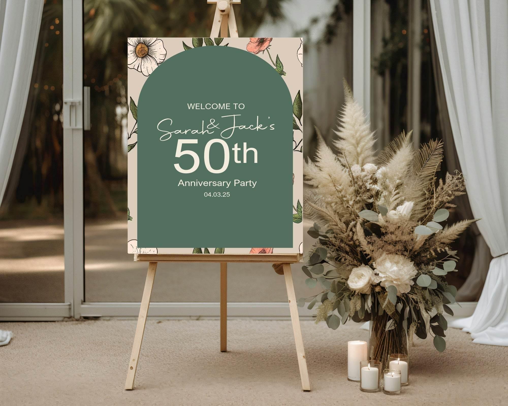 Forest Green Floral Welcome Anniversary Party Sign - Larosier Prints