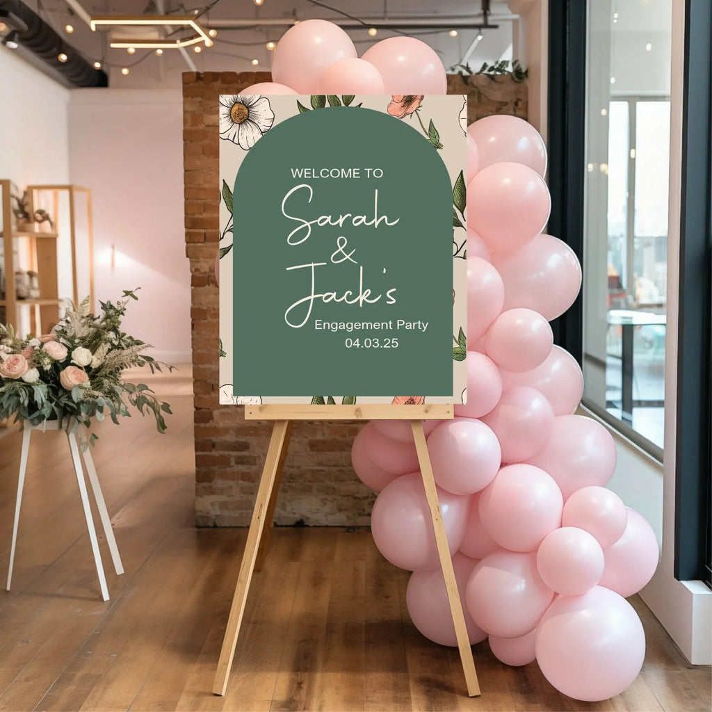 Forest Green Floral Engagement Welcome Party Sign - Larosier Prints