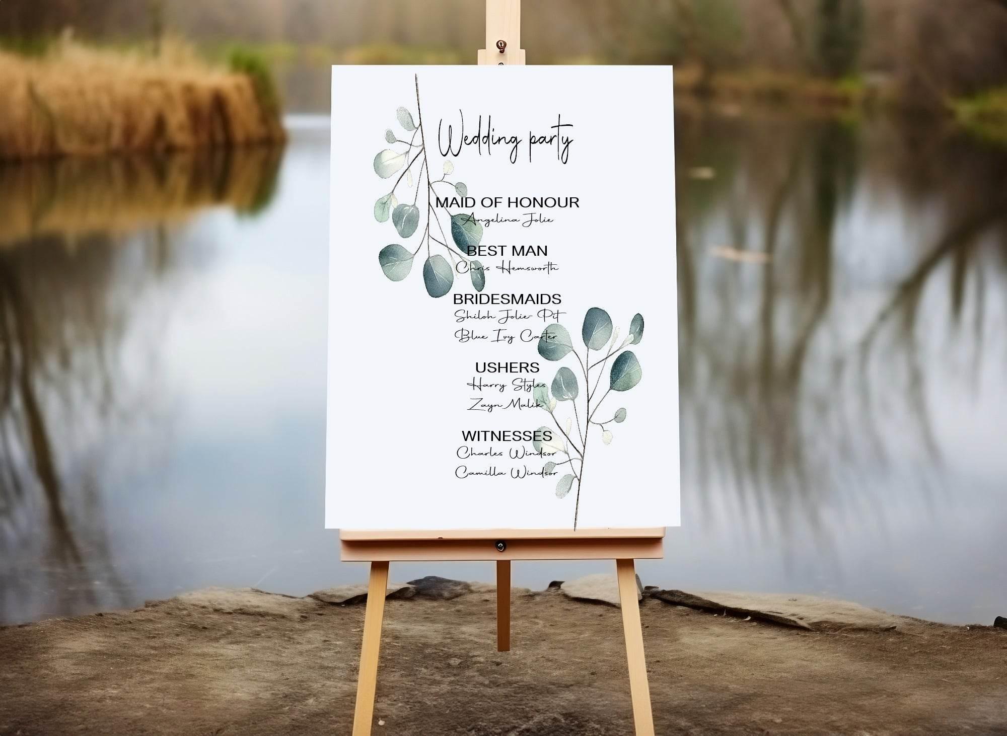 Eucalyptus Wedding Party Sign - List Special Roles - Larosier Prints